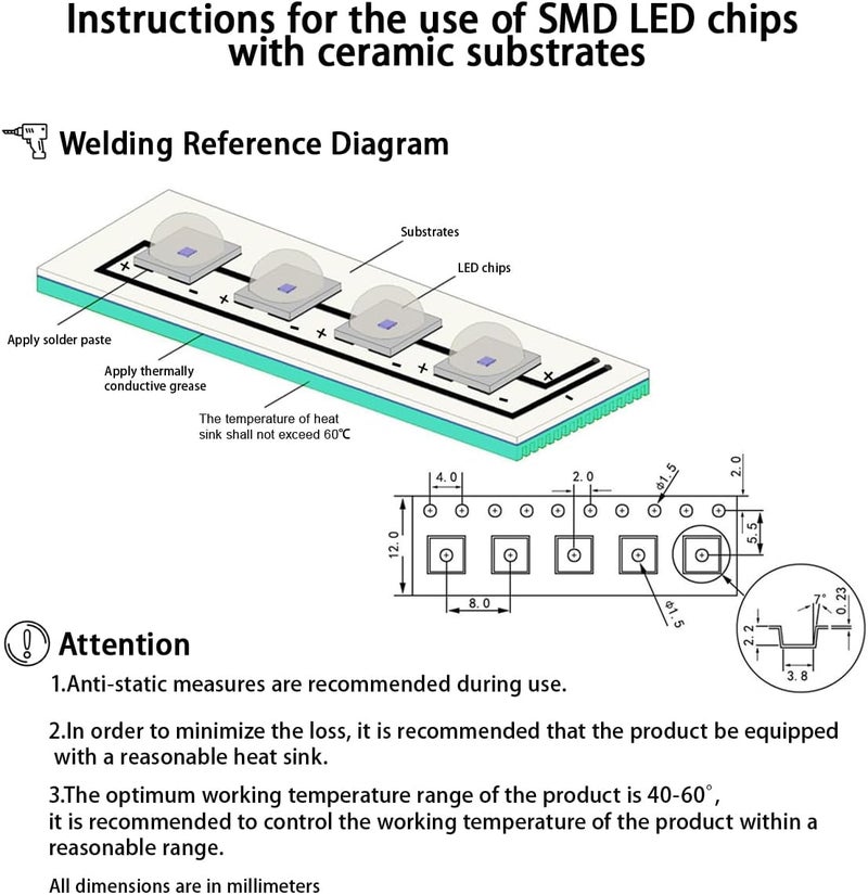 LEDGUHON 10Pcs 5050 SMD LED Chip 3W Green Light High Intensity Bright Lighting Emitter Led Chip Replacement(120deg,Green 520nm-525nm,DC 3.2-3.6V,700mA) - Image 5